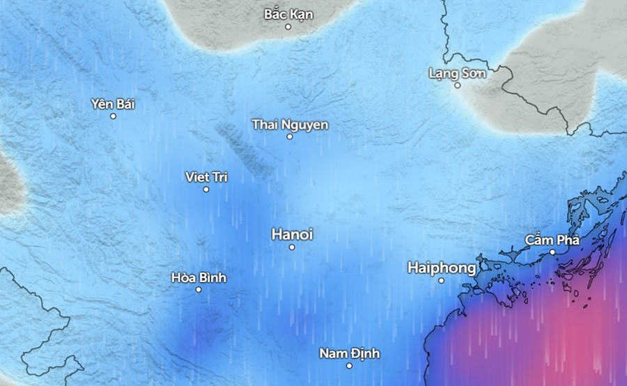 Dự báo mưa ở một số tỉnh thành miền Bắc rạng sáng mai, 16/8. Ảnh: Zoom Earth, OpenStreetMap, ICON.