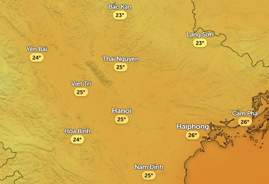 Dự báo nhiệt độ ở một số tỉnh thành miền Bắc sáng sớm mai, 16/8. Ảnh: Zoom Earth, OpenStreetMap, ICON.