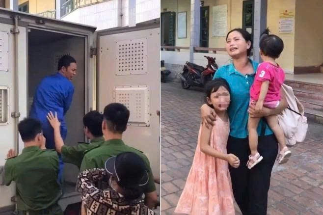 Hình ảnh bị cáo Thái Khắc Thành sau khi bị tuyên án sơ thẩm 6 năm tù giam và vợ con tại sân tòa án