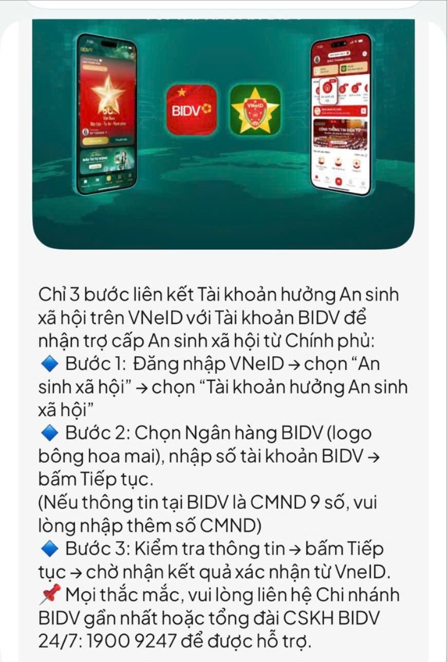 BIDV hướng dẫn liên kết tài khoản thanh toán với tài khoản VNeID mức độ 2. Điều này giúp người dân nhận trợ cấp an sinh xã hội dễ dàng hơn. Ảnh: Phương Dung