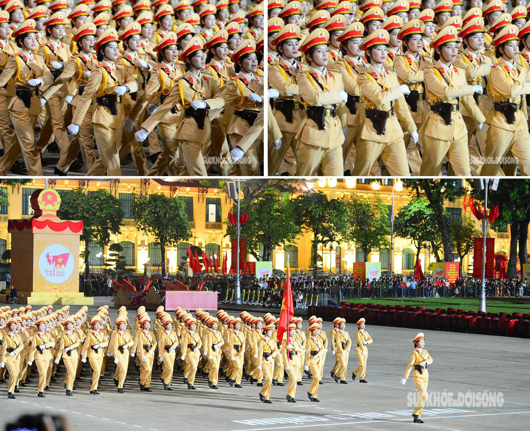 Khối nữ Sĩ quan Cảnh sát giao thông diện trang phục màu vàng đặc trưng của ngành, tham gia buổi tổng hợp luyện, sơ duyệt diễu binh, diễu hành. Trong sắc phục nổi bật, các nữ chiến sĩ với gương mặt rạng rỡ, ánh mắt quyết tâm, bước đều trong tiếng nhạc quân hành hào hùng.