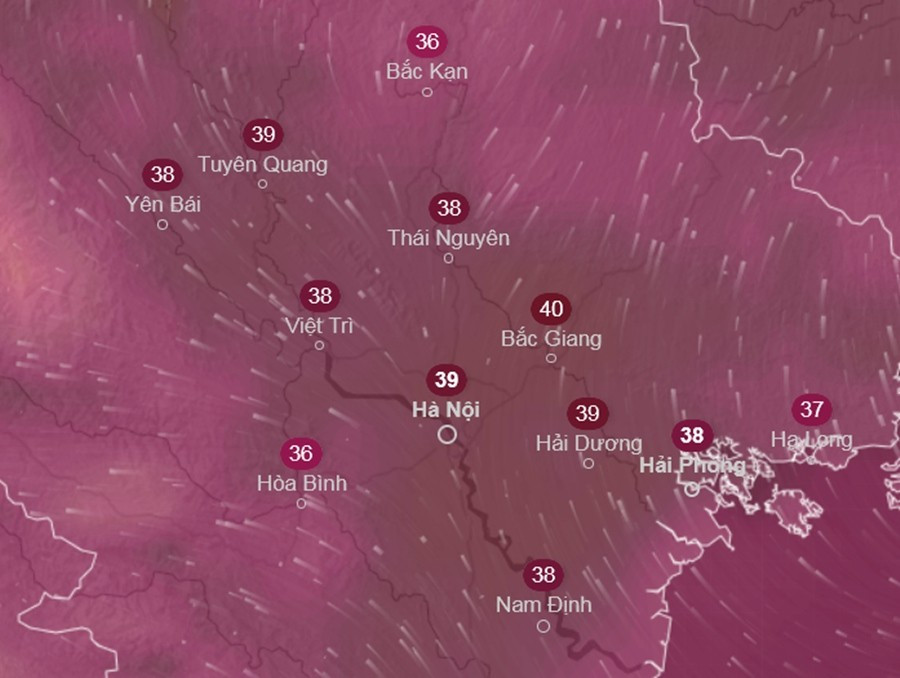 Dự báo nhiệt độ cảm nhận ở một số tỉnh thành miền Bắc vào trưa ngày 5/9. Ảnh: Ventusky, ICON.