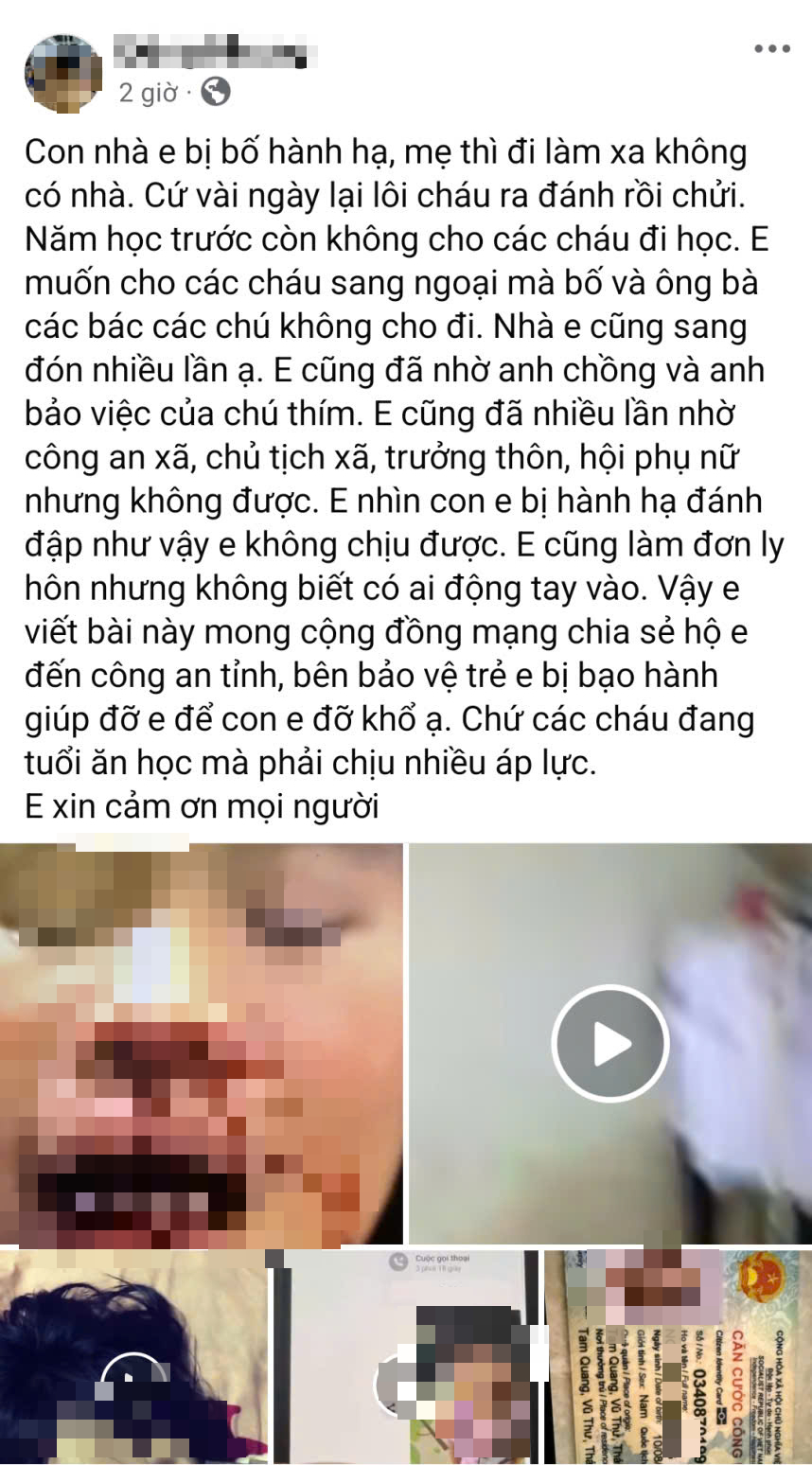 Thông tin 2 cháu nhỏ bị bố đẻ hành hạ được đăng tải lên mạng xã hộ.