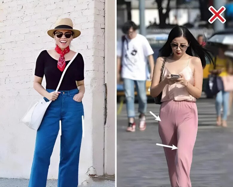 Quần vải mềm dính sát vào cơ thể làm lộ khuyết điểm.