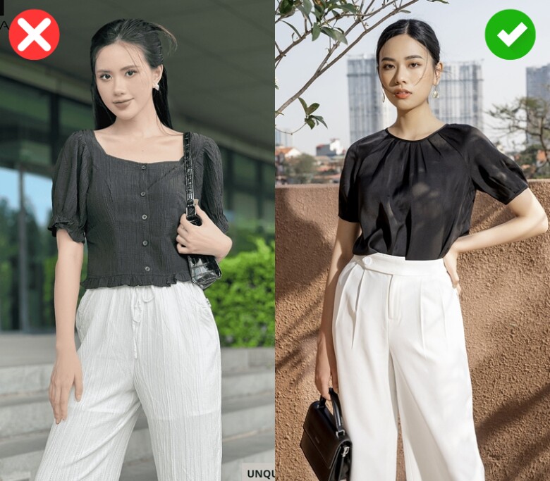 Quần ống rộng cạp chun trông thiếu thanh lịch hơn so với quần có phần cạp cài cúc, xếp ly nhẹ.