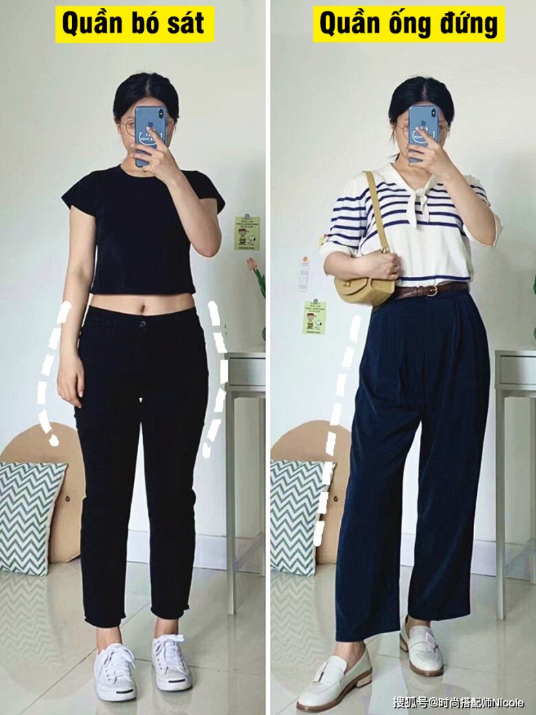 Tương tự quần short ôm sát, quần dài bó chặt vào chân cũng sẽ khiến phần đùi to bị lộ rõ, trong khi quần dài ống suông rộng giúp che giấu tốt hơn.