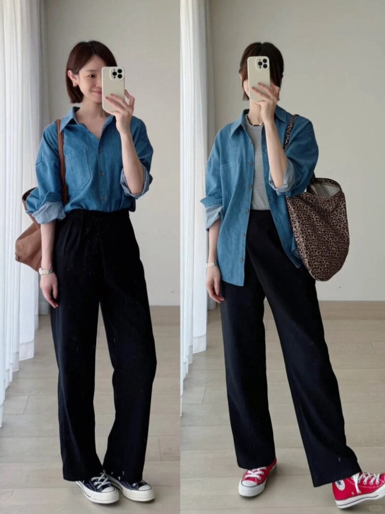 Áo sơ mi jean khi kết hợp cùng quần tây đen tạo nên vẻ thanh lịch và chuyên nghiệp. Sự cân đối giữa hai item giúp tổng thể hài hòa, phù hợp cả đi làm lẫn gặp gỡ.