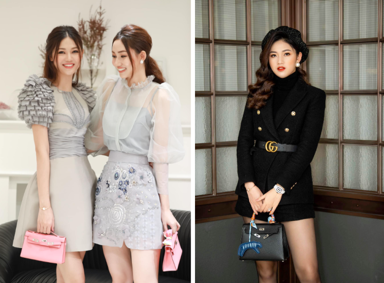 Nàng hậu và chị gái cùng sở hữu loạt túi hiệu trị giá hàng trăm triệu đồng, khéo léo phối đồ ton-sur-ton đầy ấn tượng.