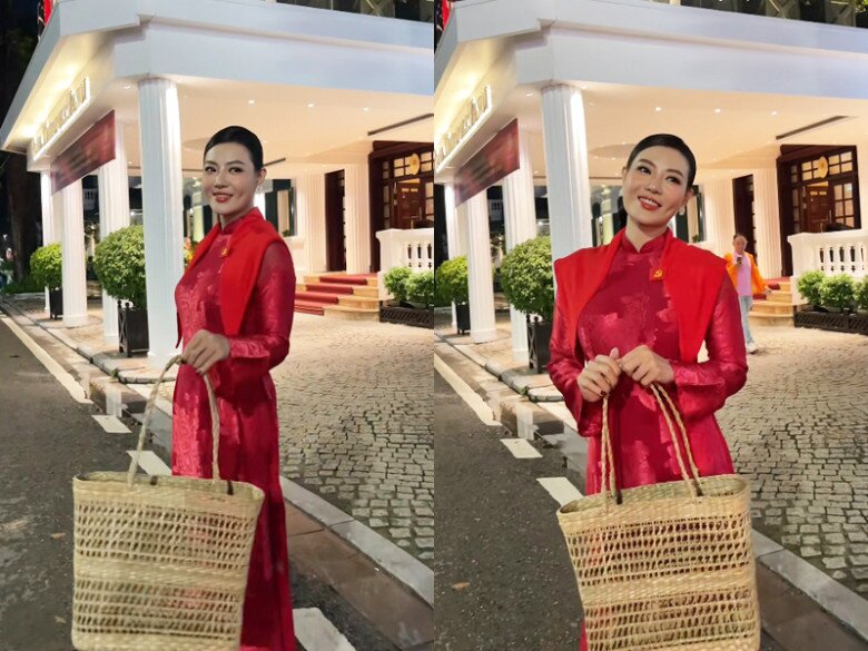 Diễn viên Thanh Hương khoe sắc với tà áo dài gấm đỏ thêu họa tiết truyền thống, mang đậm nét sang trọng và cổ điển. Sự kết hợp cùng khăn choàng đỏ vắt nhẹ trên vai tạo nên lớp layer tinh tế, trang nhã.