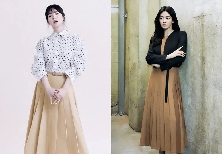 Song Hye Kyo đẹp thanh lịch với chân váy xếp ly cạp cao.