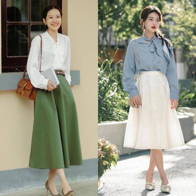 Chân váy chữ A đơn giản nhưng lại nữ tính, trẻ trung cho phụ nữ trung niên. Đừng quên thao tác sơ vin để tạo cảm giác gọn gàng.
