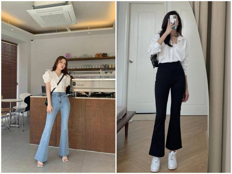 Quần ống loe cổ điển có thể gọt dáng, giúp đôi chân trở nên thon thả và thẳng nuột hơn.