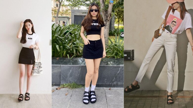 Sandals đế bằng với phần đế hơi dày vừa giúp “ăn gian” chiều cao, vừa đảm bảo bước đi êm ái, không lo đau chân.