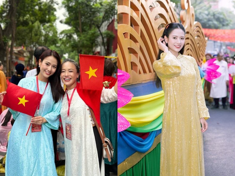 Việt Hoa đẹp nền nã, đằm thắm trong tà áo dài sắc màu khi tham gia A80. Cô chỉ nhẹ nhàng thay đổi kiểu tóc mà vẫn nổi bật.