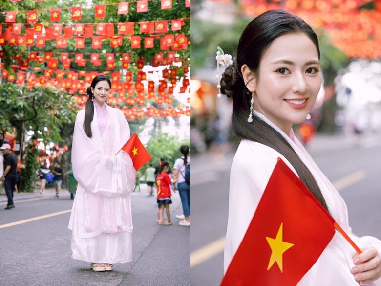 Mỹ nhân 9x mặc bộ giao lĩnh thướt tha, nhẹ nhàng, khoác bên ngoài là áo đối khâm, tóc cài trâm tôn lên vẻ đẹp dịu dàng, rất Việt Nam của mình. 