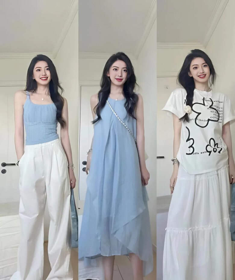 Một chiếc váy maxi xanh dương nhẹ nhàng mang đến cảm giác thư thái, bay bổng đúng chất hè. Hoặc nếu bạn yêu thích sự đơn giản, combo áo xanh – quần trắng cũng đủ để tạo nên vẻ ngoài trẻ trung mà không cần quá cầu kỳ.