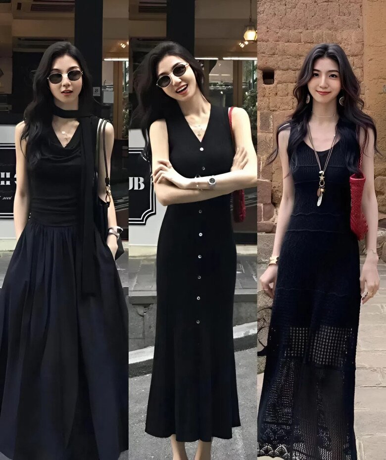 Váy đen là item kinh điển mà mọi cô gái nên có. Dù là váy hai dây hay váy chữ A tay ngắn, chỉ cần là màu đen thì hiệu ứng “thon gọn vóc dáng” luôn là điểm cộng nổi bật.