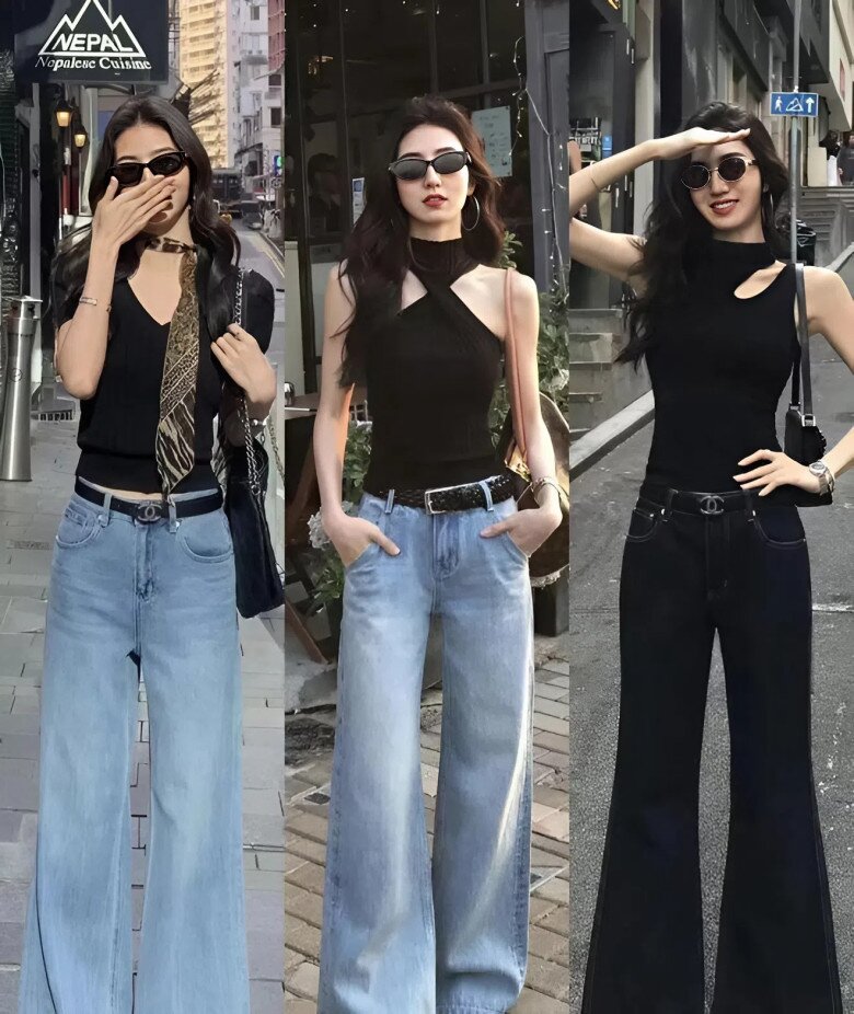 Nếu bạn diện những món đồ đen có chi tiết hở như áo hai dây hoặc croptop hãy cân nhắc phối cùng quần ống suông hoặc ống rộng tạo cảm giác cao ráo,giúp tổng thể thêm thanh lịch, cá tính và không hề phô phang.
