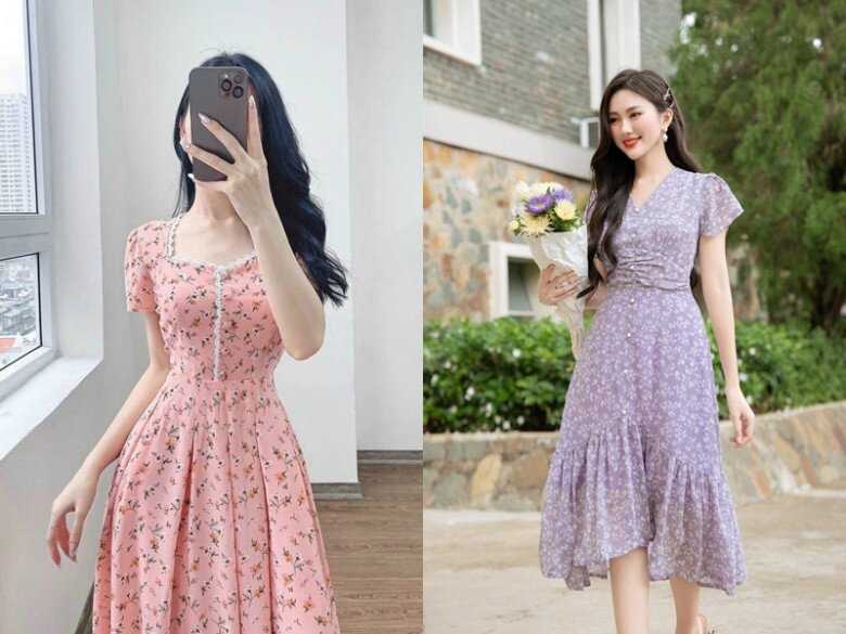Váy hoa nhờ những họa tiết hoa lớn nhỏ khác nhau có thể giúp chị em giấu mỡ bụng và ăn gian tuổi.