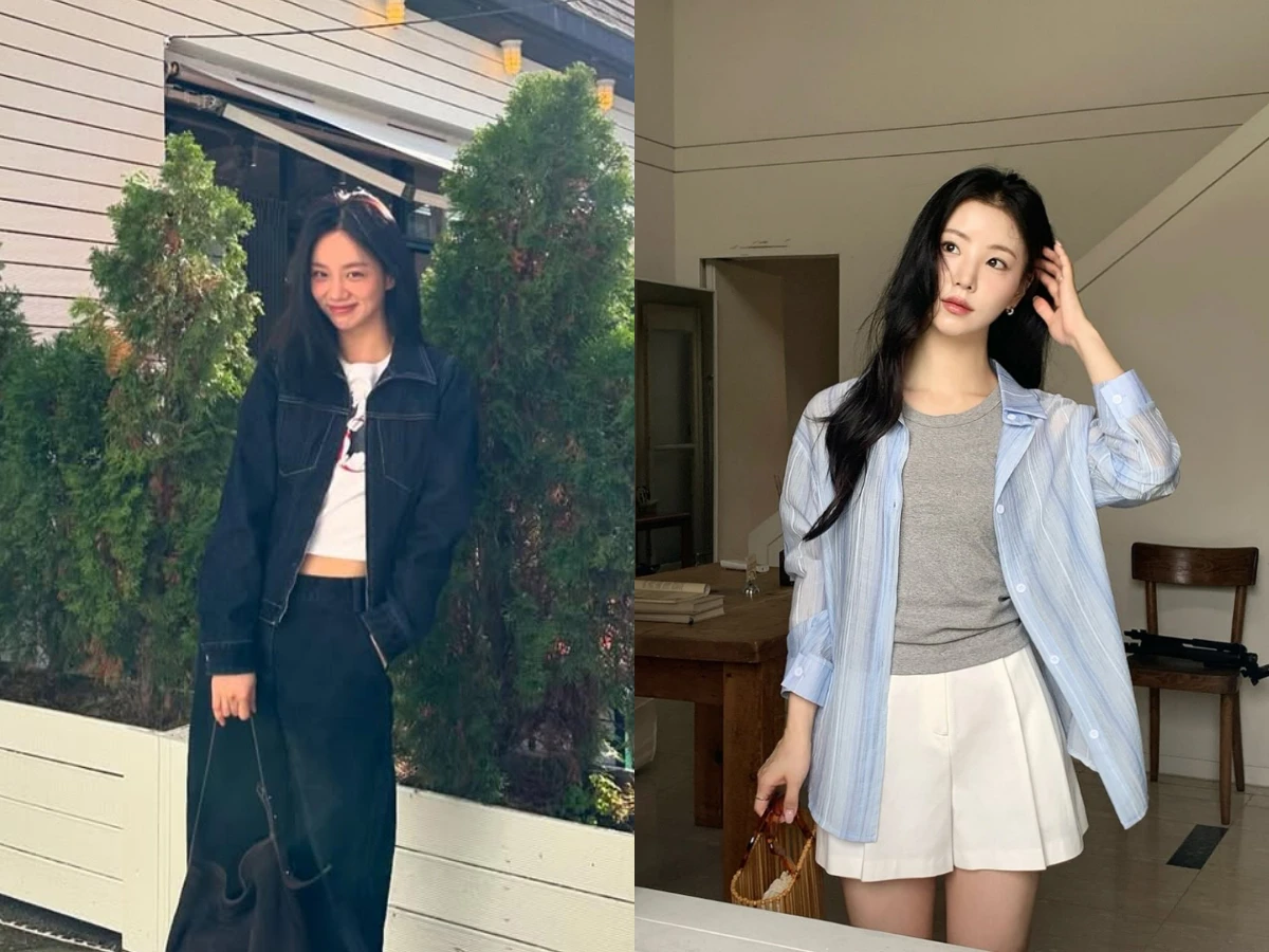 Các lựa chọn phổ biến bao gồm áo sơ mi trơn, sọc hoặc denim, như cách phối của Hyeri, mang lại vẻ ngoài năng động, giản dị nhưng vẫn chỉn chu.