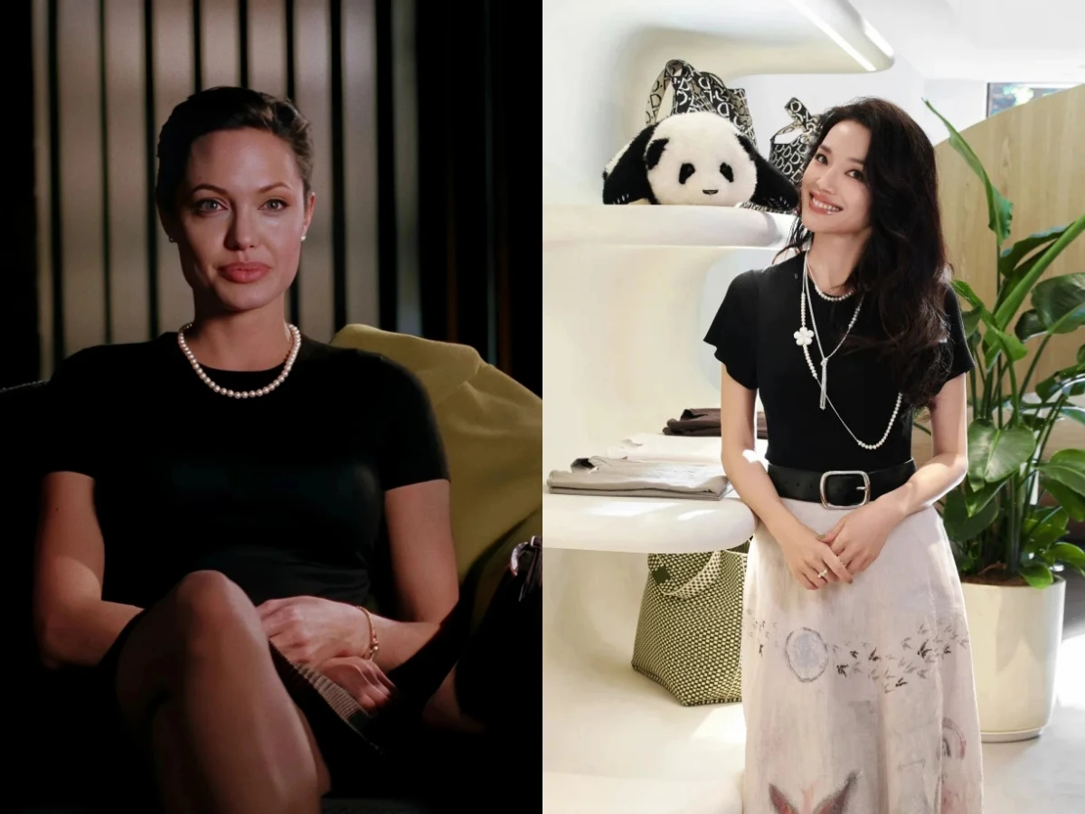 Angelina Jolie diện áo phông đen đính ngọc trai sang trọng trong Nhiệm Vụ Bất Khả Thi, còn Thư Kỳ gây ấn tượng với dây ngọc trai dài phối cùng áo phông, vừa hiện đại vừa cổ điển.