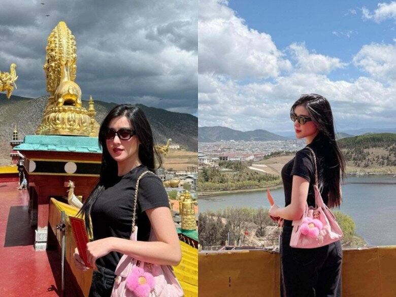 Hồi tháng 5, Huyền My viếng chùa với set đồ tối giản, kín đáo nhưng vẫn thời thượng, tạo điểm nhấn bằng chiếc túi hiệu với giá gần 200 triệu đồng.