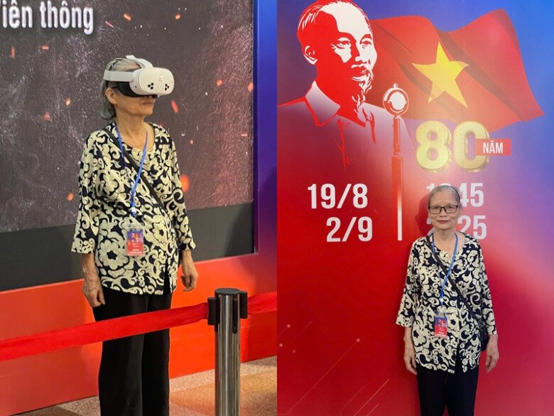 Bà Vũ Thu Tảng (Hà Nội) đã 75 tuổi vẫn không ngại tới tham gia chương trình và vô cùng xúc động xen lẫn niềm vui khi được tự mình trải nghiệm công nghệ hiện đại tái hiện lịch sử.