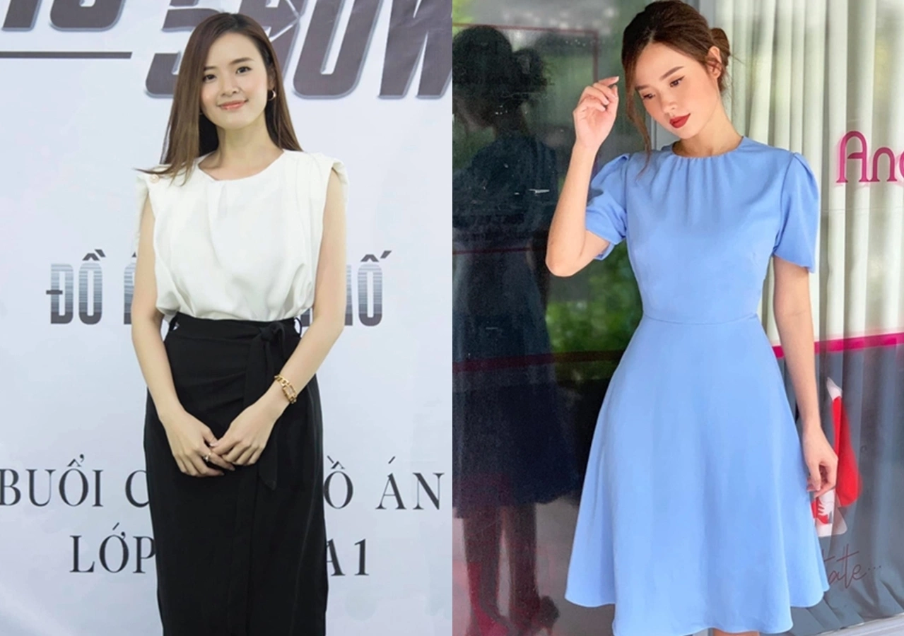 Những chiếc váy dài quá gối hoặc ngang gối đơn sắc thể hiện phong cách thanh lịch của nữ giảng viên xinh đẹp.