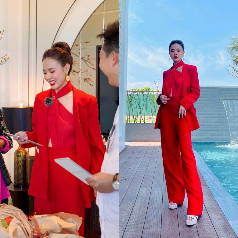 Cô làm mới phong cách với gam đỏ rực rỡ, nổi bật. Cách mix áo trong phá cách, tạo điểm nhấn bằng những khoảng hở vừa đủ, giữ trọn vẻ tinh tế mà không kém phần cuốn hút.