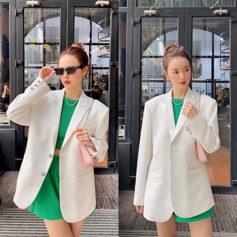 Muốn khoe vóc dáng mảnh mai và gọn gàng, chị em có thể học Midu cách diện áo vest hoặc blazer với quần/váy ngắn.