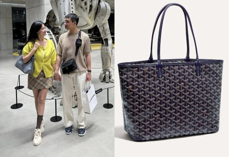 Sánh đôi bên chồng trong chuyến du lịch Hàn Quốc, Midu diện mẫu túi xách Bohème Hobo của Goyard (Pháp). Thiết kế này có giá dao động khoảng 60 đến gần 90 triệu đồng.