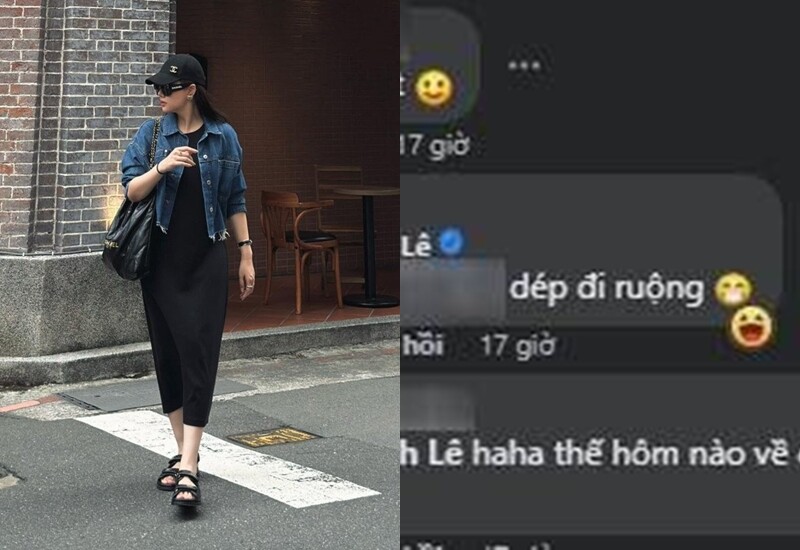 Trong ảnh, Phanh Lee chọn váy suông đen kết hợp áo khoác jeans với sandal hợp phong cách street style. Dưới phần bình luận, nhiều khán giả khen cách mix & match thời thượng của cô. Khi có người chú ý đến đôi sandal, Phanh Lee hài hước cho biết: “Đây là dép đi ruộng".