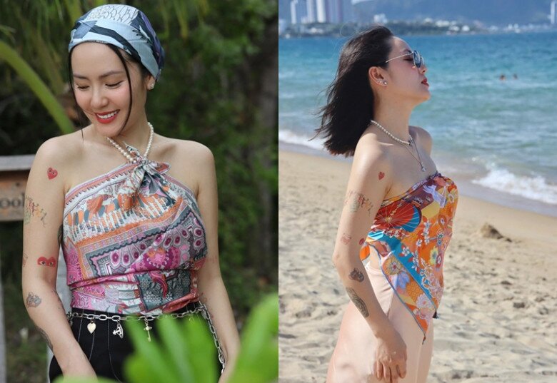 Quấn khăn làm áo là mốt mùa hè được Phương Linh yêu thích khi đi du lịch.