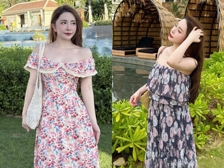 Dù diện nhiều kiểu váy hoa song Quỳnh Nga không bao giờ bị trùng lặp về thiết kế, từ trễ vai cho đến váy quây giúp cô không bị một màu nhàm chán.