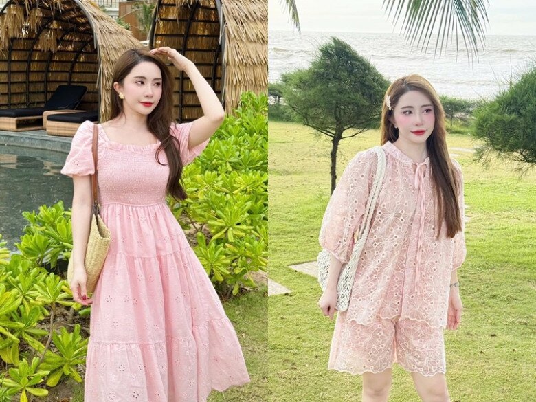 Không chạy theo họa tiết in hoa quen thuộc, Quỳnh Nga thỉnh thoảng đổi gió với những thiết kế thêu hoa lỗ tinh tế. Chất liệu nhẹ nhàng kết hợp gam hồng pastel giúp tôn lên làn da trắng mịn và nét đẹp ngọt ngào như thiếu nữ đôi mươi.