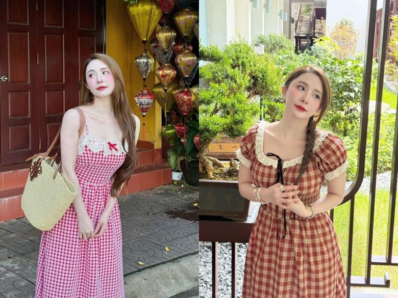 Diện thiết kế kẻ caro đỏ điểm xuyết ren viền cổ tinh tế, Quỳnh Nga mang đến vẻ ngoài vừa nữ tính, vừa phá cách. Set đồ này là lựa chọn hoàn hảo cho những buổi dạo chơi hay chuyến du lịch nhẹ nhàng, đầy thi vị.