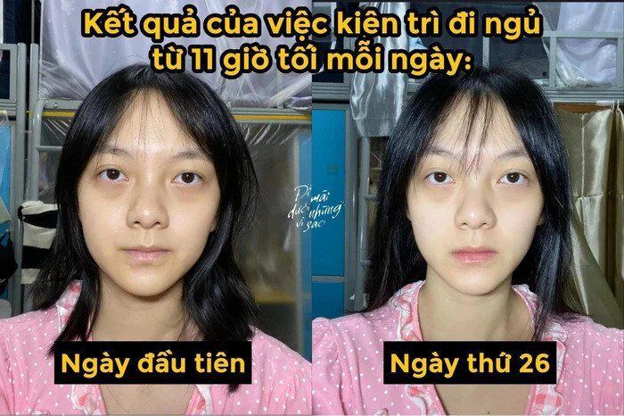 Khoảng 1 tháng sau khi bắt đầu dưỡng da bằng việc đi ngủ, làn da của cô đã có sự khác biệt khá rõ.
