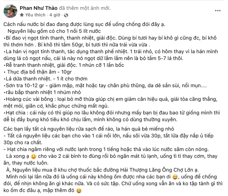 Bài viết chia sẻ công thức nấu nước bí đao của Phan Như Thảo. 