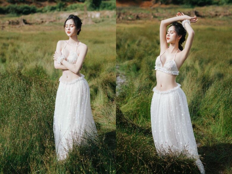 Tường Vi khoe vóc dáng nuột nà cùng làn da trắng mịn màng giữa không gian rộng lớn tại quê nhà Đắk Nia.