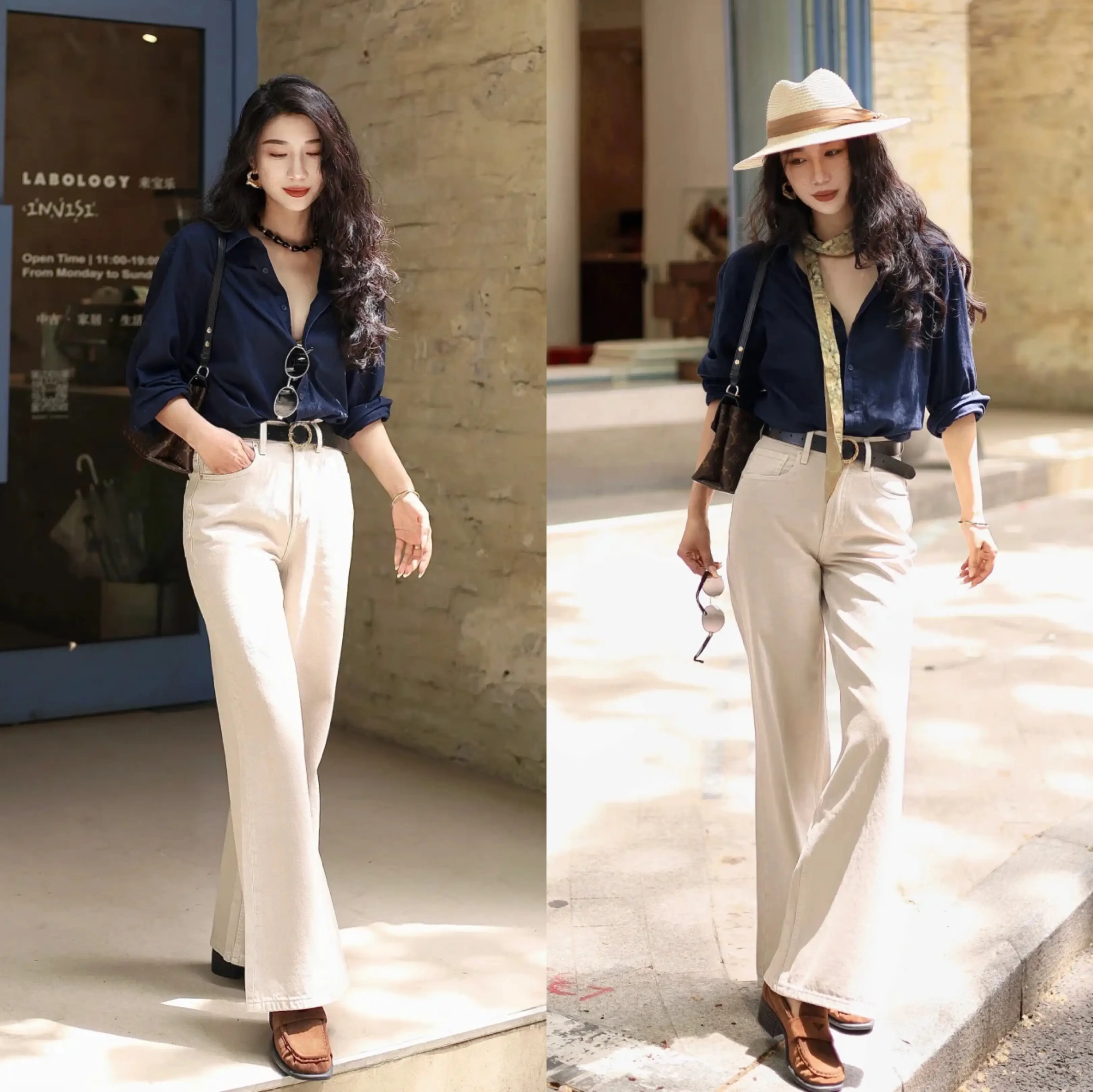 Áo sơ mi cởi bớt cúc áo tạo thành đường chữ V quyến rũ, pha chút phong trần. Chất liệu vải lụa tăng độ rủ mềm mại, tạo hiệu ứng phóng khoáng kiểu Paris.