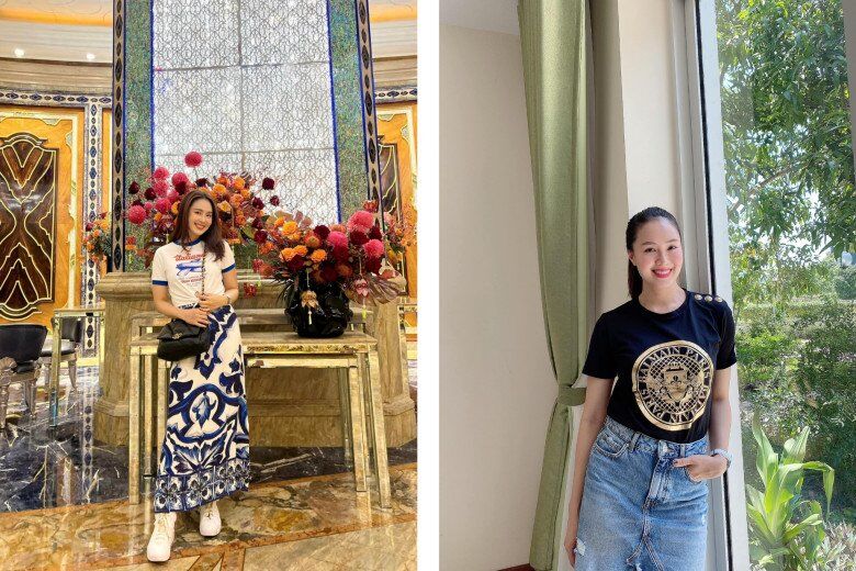 Bên cạnh túi hiệu, Hồng Diễm còn sở hữu các item “giá mềm” như áo phông Balmain hay chân váy họa tiết đặc trưng của Dolce amp; Gabbana.