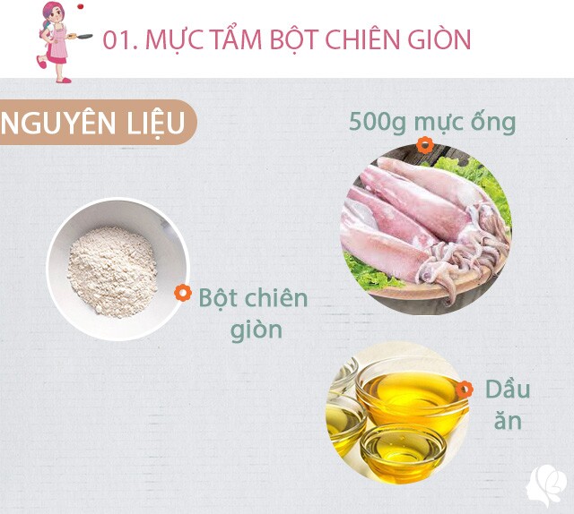 Chuẩn bị: 500g mực tươi, dầu ăn, bột chiên giòn.