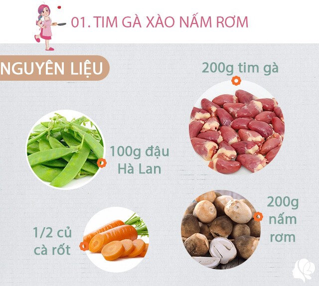 Chuẩn bị: 200g tim gà, 200g nấm rơm, 1/2 củ cà rốt, 100g đậu Hà Lan, vài cái ngô bao tử, rau mùi, tiêu xay, muối, dầu ăn, hành khô.