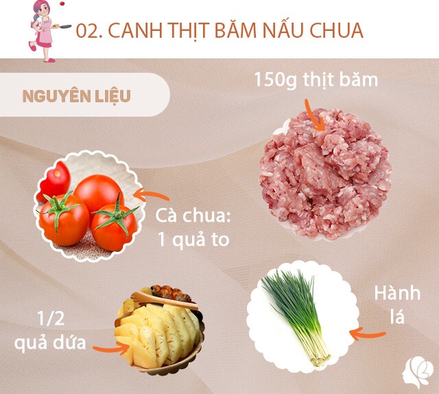 Chuẩn bị: 150g thịt băm, 1 quả cà chua, hành lá, 1/2 quả dứa, muối, hành khô.
