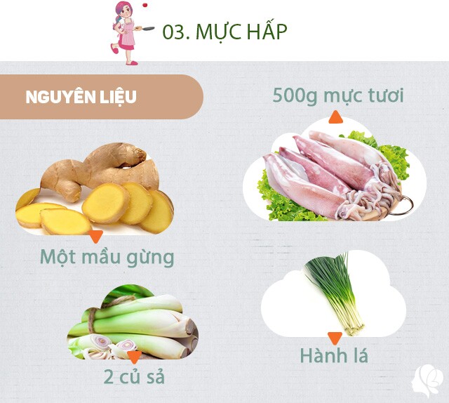 Chuẩn bị: 500g mực, 2 củ sả, 1 mẩu gừng, vài nhánh hành lá.