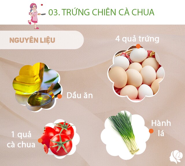 Chuẩn bị: 4 quả trứng, hành lá, 1 quả cà chua, dầu ăn, muối/nước mắm vừa ăn.
