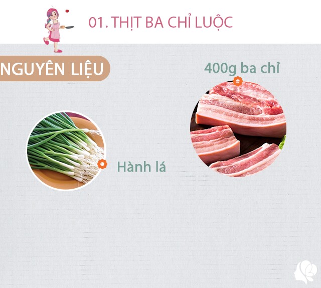 Chuẩn bị: 400g thịt ba chỉ rửa sạch, vài lát gừng, một ít hành lá.