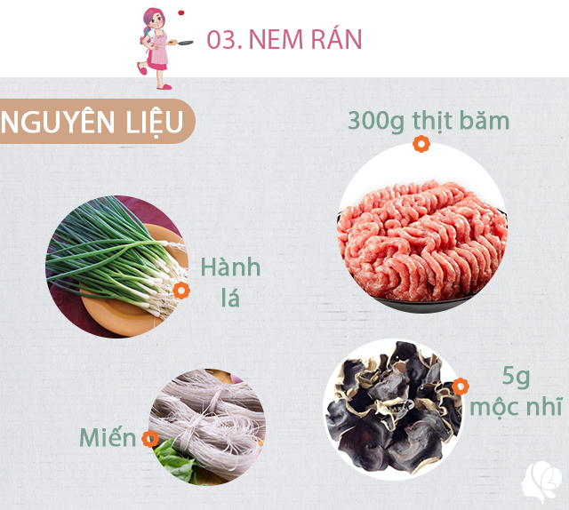 Chuẩn bị: - 300 gr thịt heo xay - 5-6 cánh mộc nhĩ; 2 quả trứng gà nhỏ; 100g tôm đã bóc vỏ; 1 nắm miến nhỏ; 1 củ cà rốt; một nắm hành lá; bánh tráng - một ít giá đỗ - vài cái nấm hương, hạt tiêu vừa đủ.