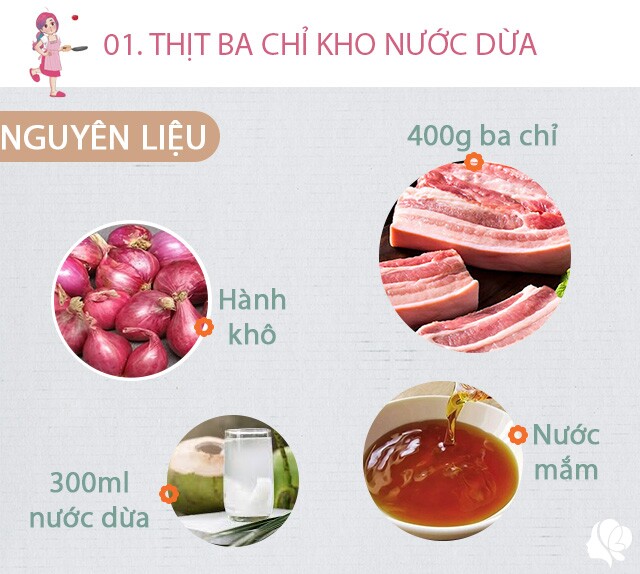 Chuẩn bị: 400g thịt ba chỉ, hành khô, 300ml nước dừa, nước mắm, hành lá, ớt khô hoặc ớt tươi (nếu thích).