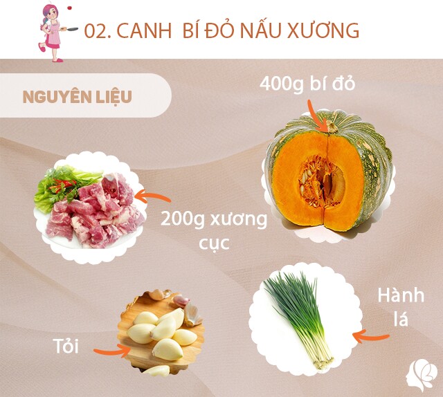 Chuẩn bị: 500g bí đỏ, 200g xương cục, hành lá, mùi tàu, tỏi, gia vị